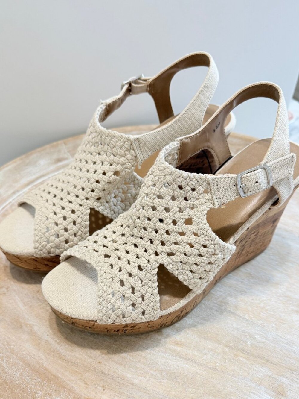 NWT Woven Cork Wedge Sandals Open Toe Slingback Natural Cream 8.5M